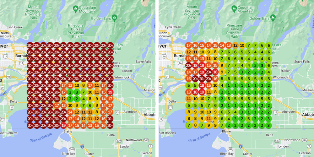 Before and After Local SEO Geogrid of Surrey and Metro Vancouver
