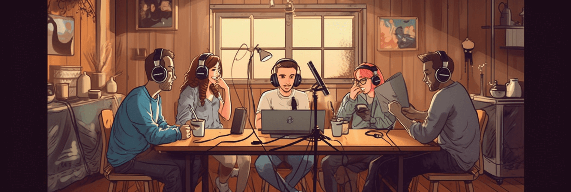 Group of five doing a podcast together