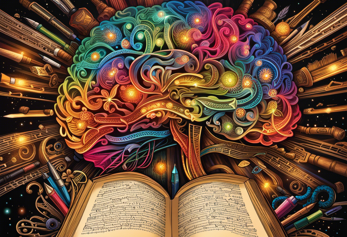 Ize a human brain glowing with symbols of stories (book, theater masks, pen) on one side, and strong brand logos on the other, both sides interconnected with vibrant energy beams