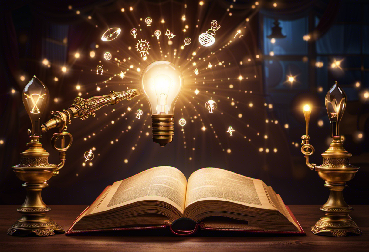 spotlight illuminating an open, antique storybook, with glowing symbols and icons (like a pen, megaphone, brain, lightbulb) emerging from it, symbolizing elements of storytelling in content marketing