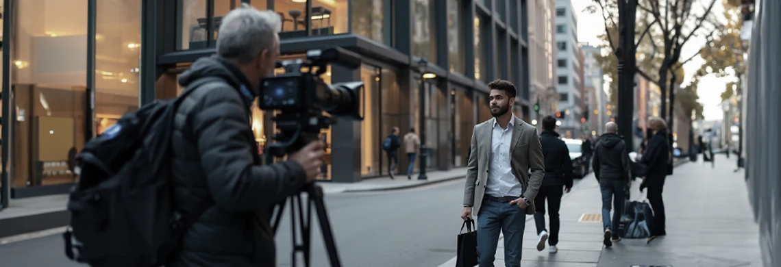 young man in front of professional camera in the sidewalk