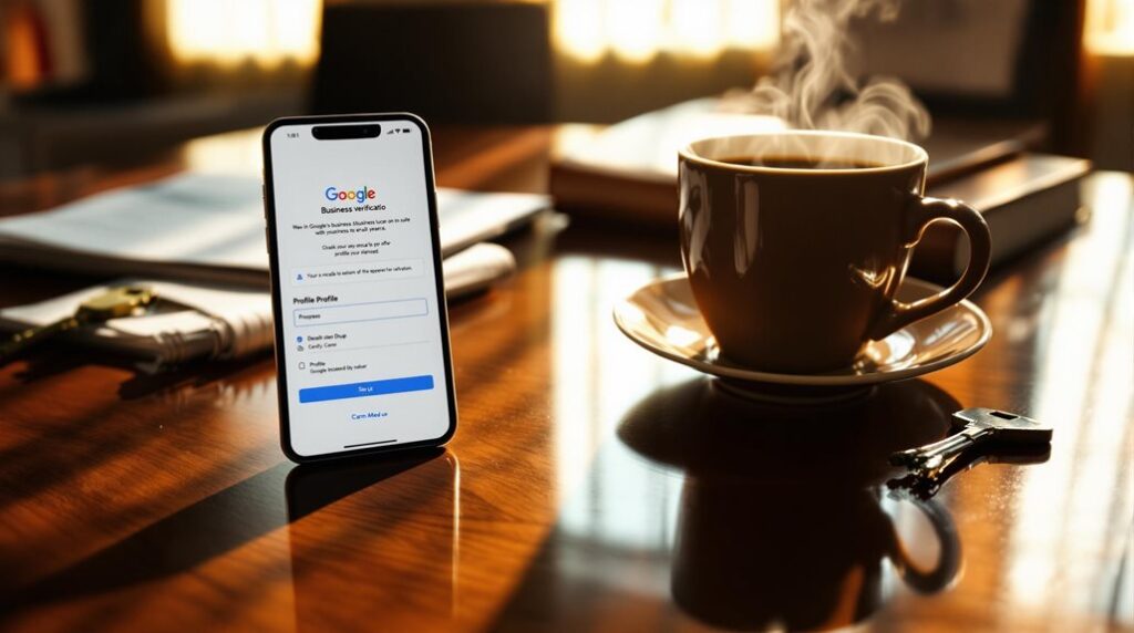 A smartphone displaying Google Business Verification is near a steaming cup of coffee, resting on a wooden table with keys and a book nearby.