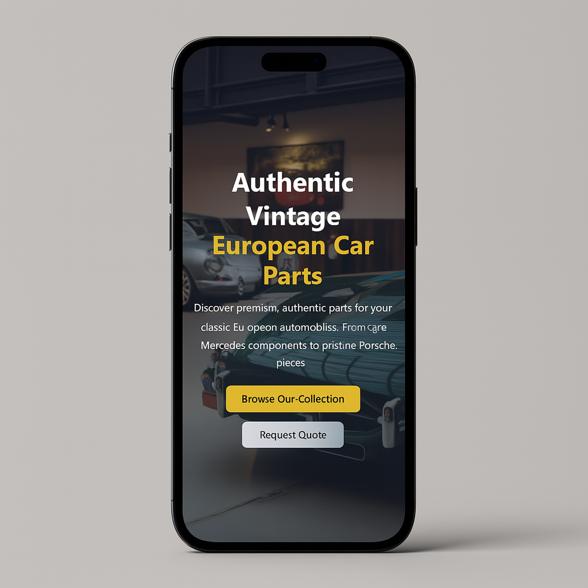 Smartphone mock‑up showing a landing‑page hero titled ‘Authentic Vintage European Car Parts’ over a classic car background, with buttons for ‘Browse Our Collection’ and ‘Request Quote’.