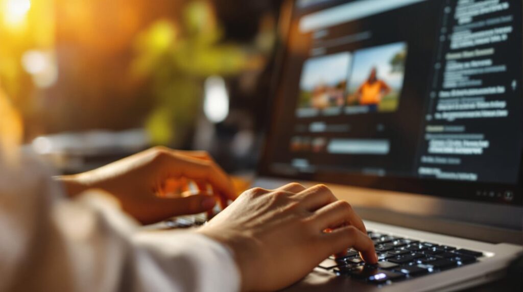 Hands typing on a laptop keyboard with a browsing screen visible.