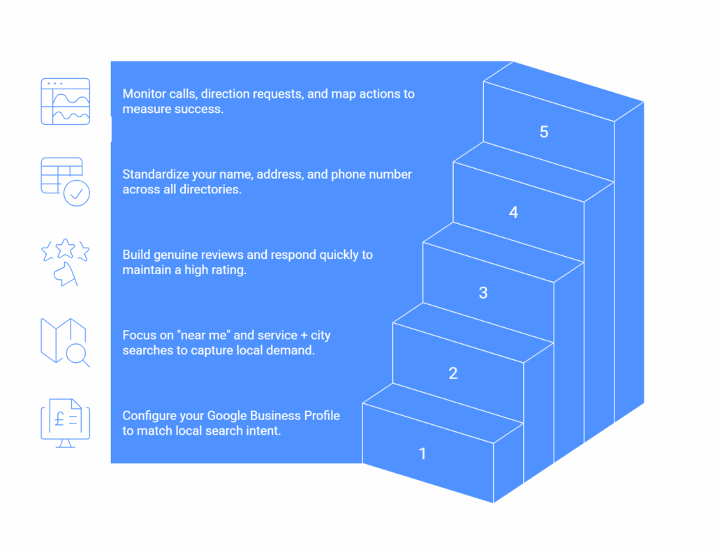 Local SEO Wins That Move the Map Pack for Home Service Brands 2 A five-step staircase diagram, in light blue, illustrates five key steps with accompanying text and icons for improving a business’s local search visibility.