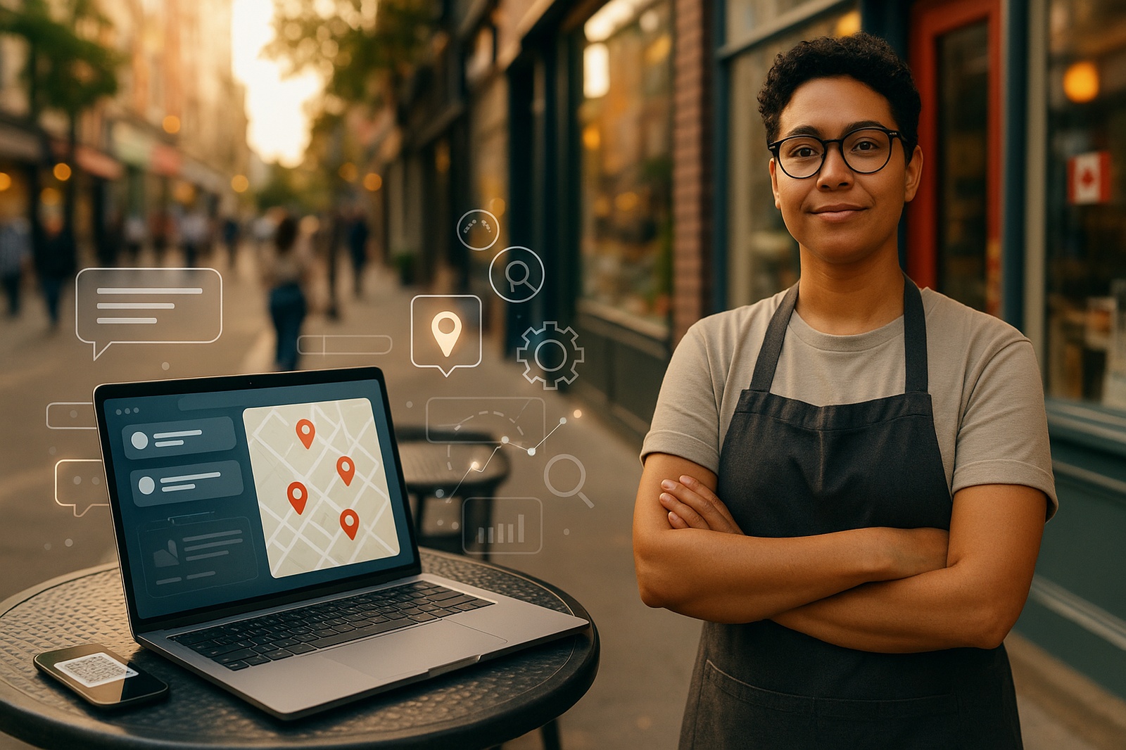 A person with crossed arms wearing an apron stands next to a table with a laptop, smartphone, and associated graphics of a map with location pins and other icons.