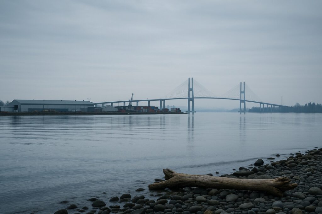 Website Designers Proudly Located Near Delta, BC 1 delta bridge reflection over river in gloomy weather | GPS: 49.116183, -123.041867