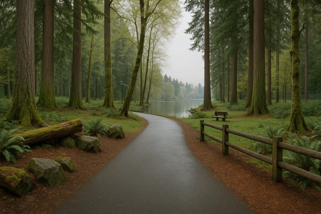 A paved path curves through a dense forest towards a calm lake, flanked by tall trees, mossy logs, ferns, and a wooden bench.