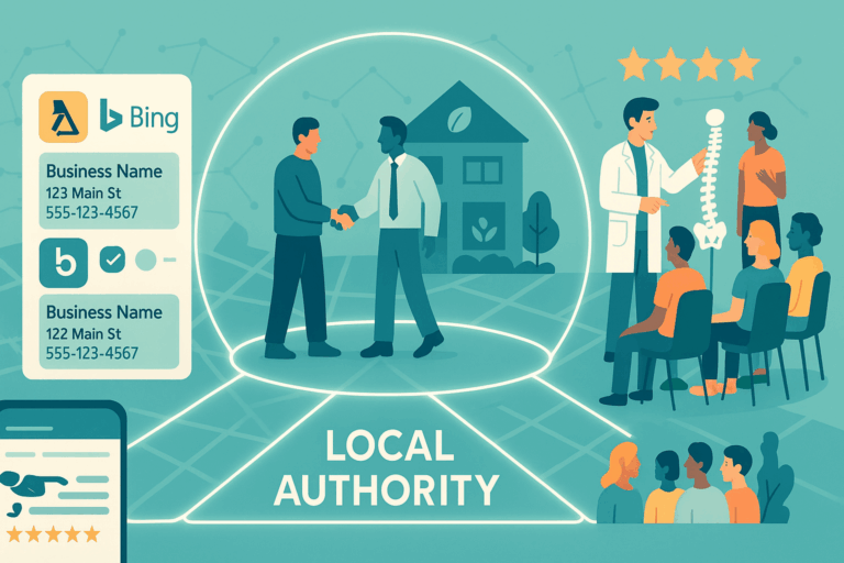 How to Win Chiropractic Patients Within 3-Kilometre Radius with Local SEO 2 Digital artwork showcasing "Local Authority" with business listings, a handshake scene, medical consultation, and customer reviews.