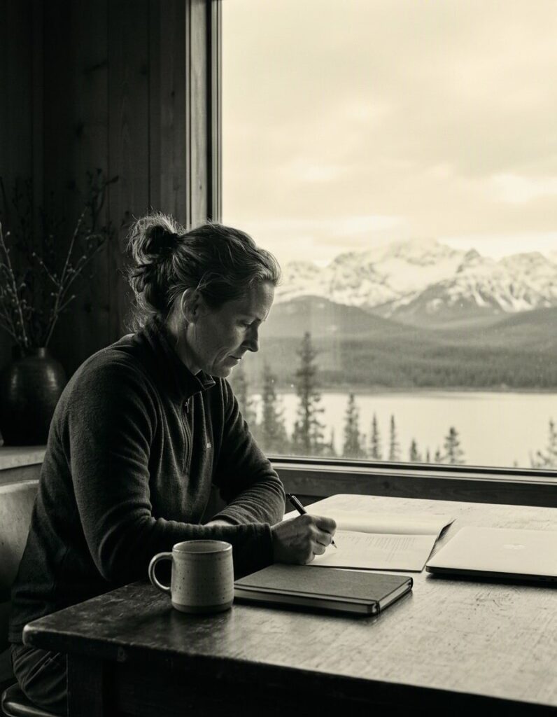 man-writing-journal-mountain-cabin-window
