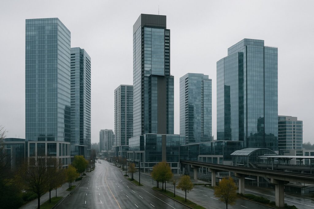 Your Local Web Design Service in Surrey, BC 1 A wide avenue lined with modern, glass-clad skyscrapers, under an overcast sky. An elevated train track and station are situated to the side of the road.