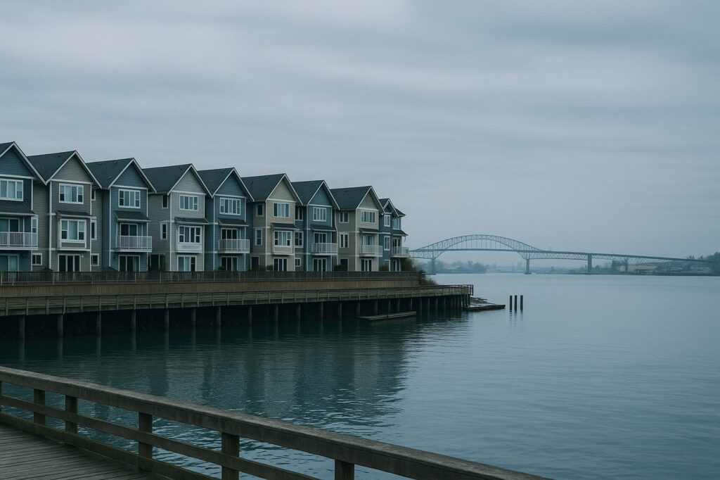 A row of townhouses faces a waterway under a cloudy sky, with a bridge spanning the water in the distance.