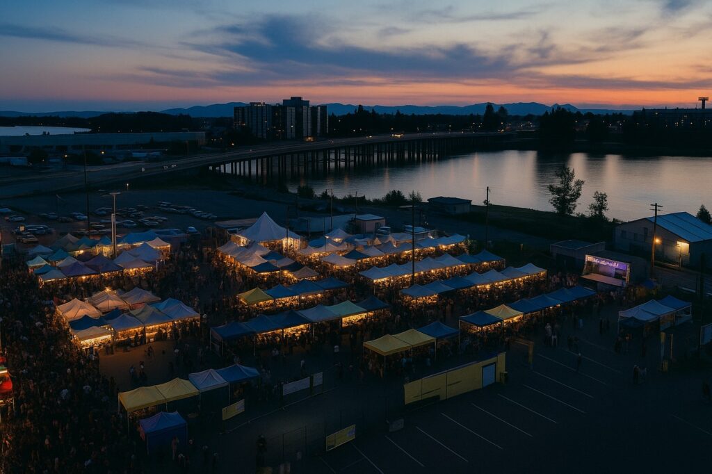 Aerial view of a lively outdoor night market with tents illuminated by warm lighting, a nearby river, and a colorful sunset sky.