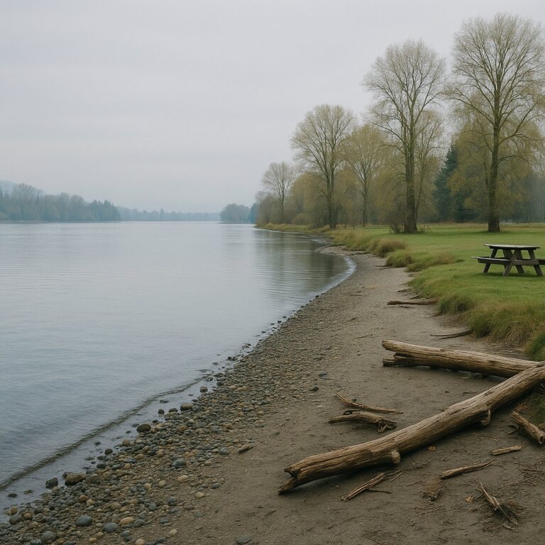 Overcast day at a riverside park with a picnic table, logs on the beach, and trees.