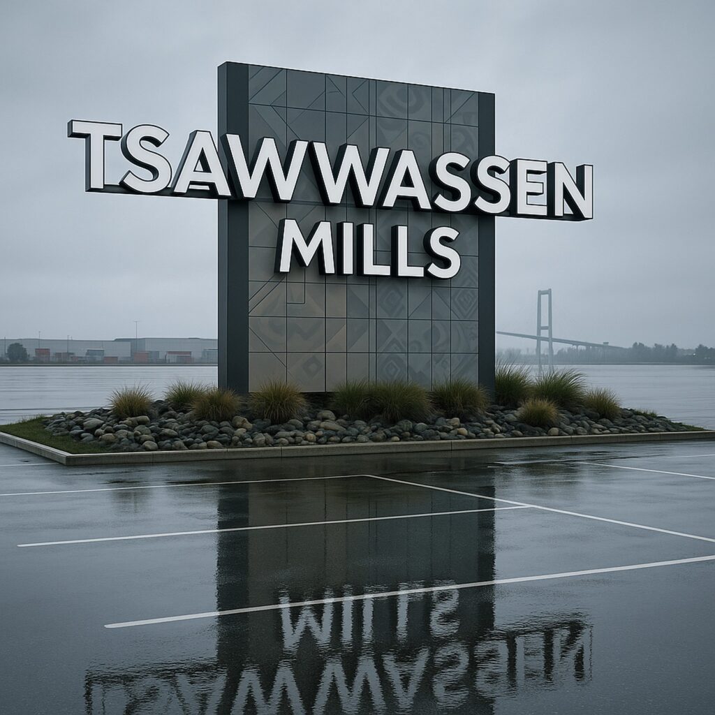 Website Designers Proudly Located Near Delta, BC 2 On a wet day, the Tsawwassen Mills sign, surrounded by rocks and grass, reflects in the parking lot.