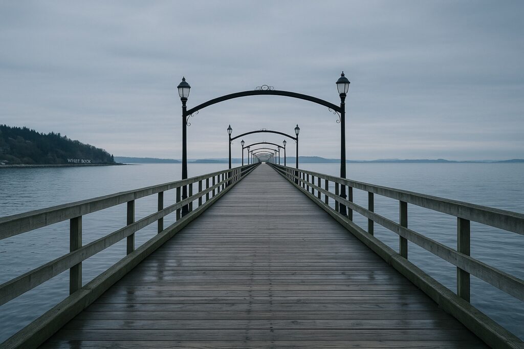 Website Design Services in White Rock, BC 1 A wooden pier extends into calm water under a gray sky, framed by evenly spaced, arched streetlights.