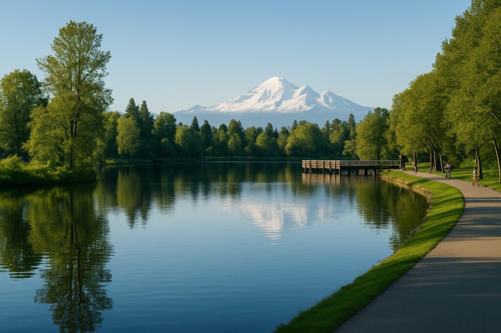mountain reflection local park river scenery sunny day
