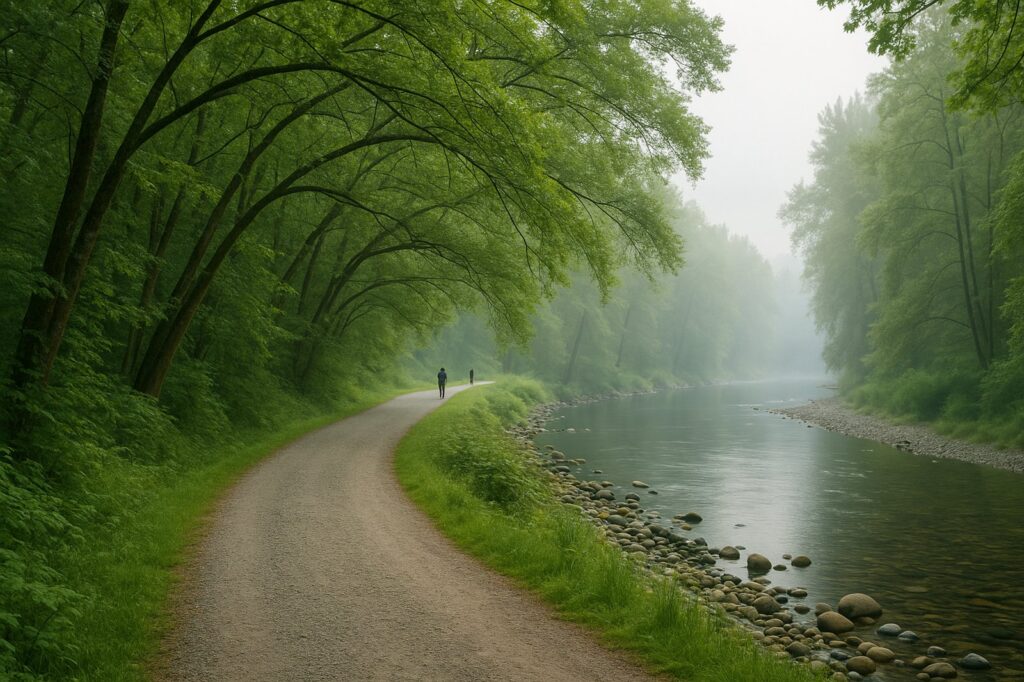 Winding gravel path alongside a river, flanked by lush green trees, with two distant figures walking away.