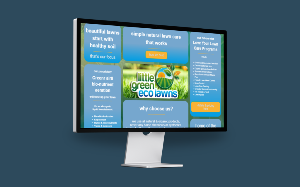Little Green Eco Lawns website mockup displayed on a desktop monitor showing homepage with lawn care services, eco-friendly messaging, and call-to-action buttons