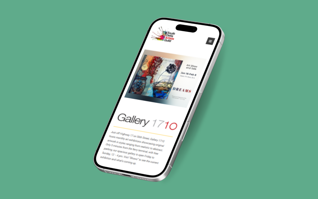 Mobile phone mockup displaying a web design for Gallery 1710, an art gallery website showcasing colorful artwork and exhibition information on a responsive mobile interface