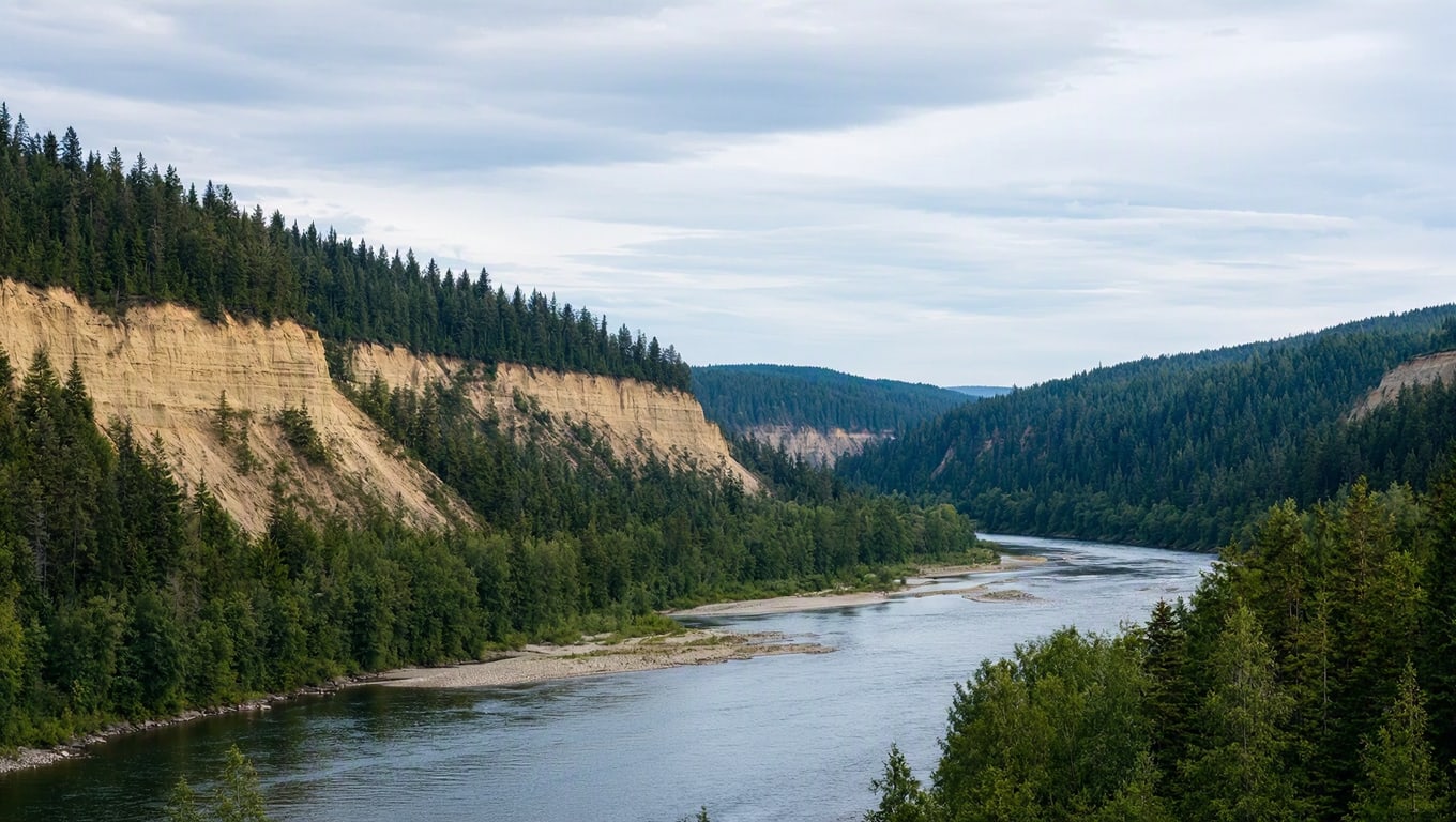 conifer river valley sandstone cliffs