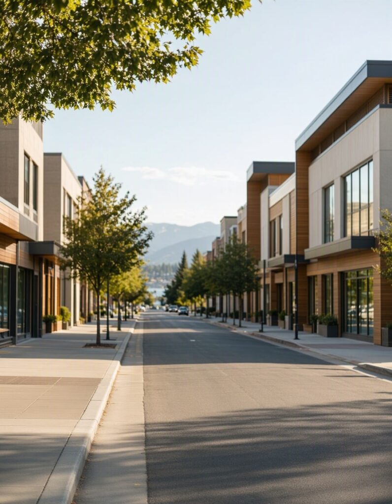 modern street with mountains in background