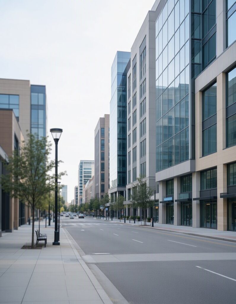 A quiet city street flanked by contemporary glass office buildings, lined with young trees, street lamps, and clean sidewalks under a soft sky.