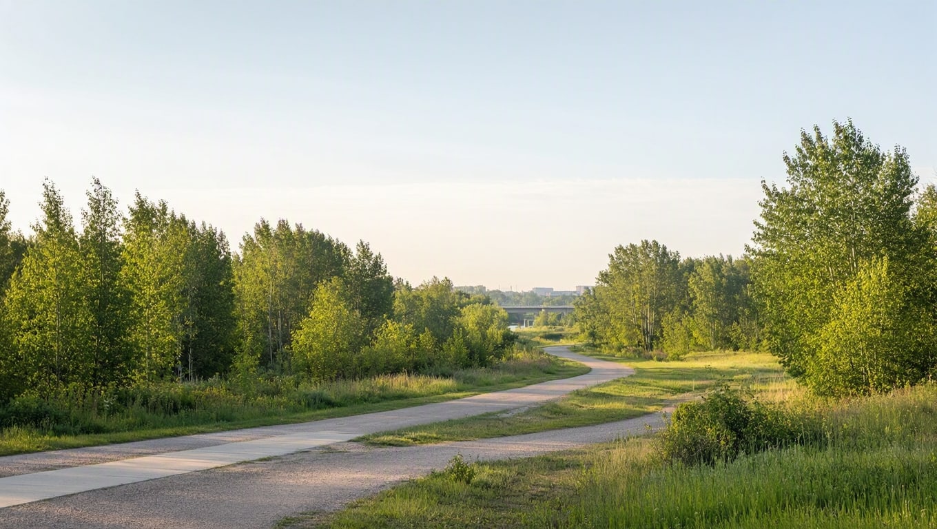 sunlit rural path winding through green trees