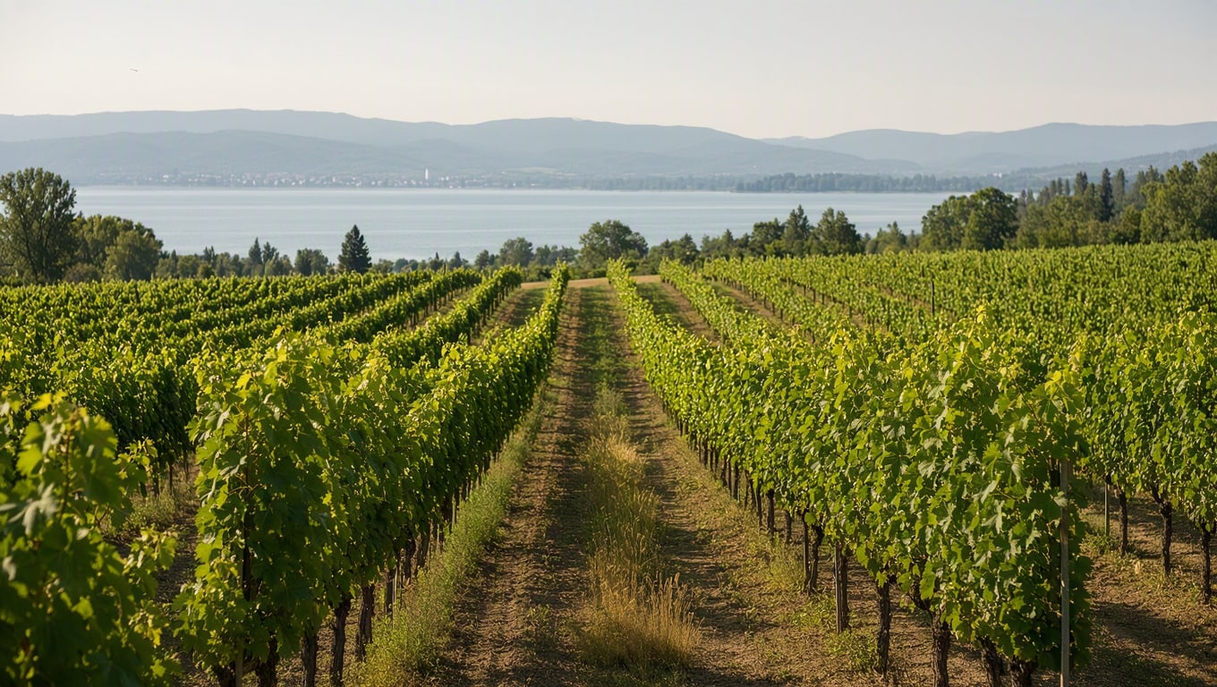 Lush green vineyard rows stretch toward a calm lake framed by distant rolling hills under a hazy summer sky.