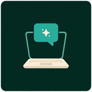 Illustration of a chat bubble with a spark icon above an open laptop, representing an AI chat assistant