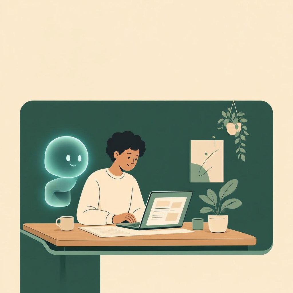 Illustration of a person at a desk working with a friendly abstract AI assistant on content creation