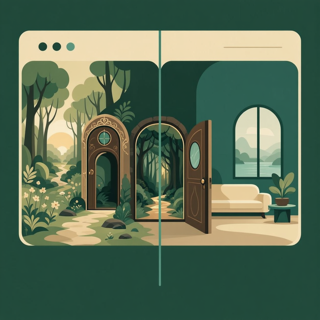 Flat vector illustration of a doorway opening onto a webpage split into two different panels, representing cloaking and redirects.