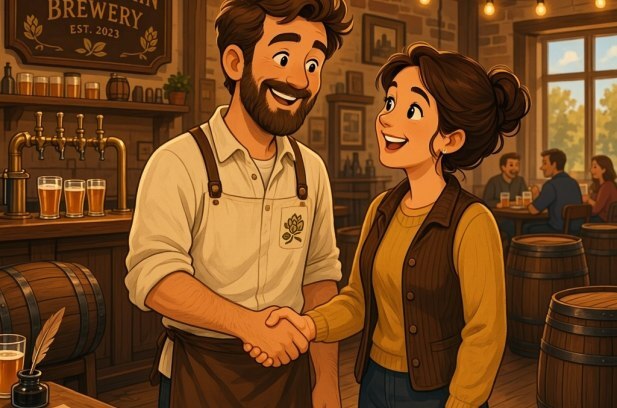 Marketing In The Craft Beer Industry 5 A brewery owner shaking hands with a local business partner in a brewery taproom