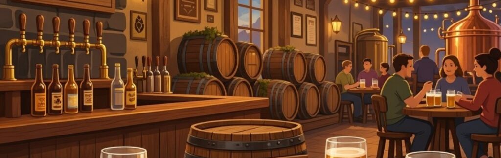 Marketing Craft Beer as a Brewery 1 A cozy craft brewery taproom with barrels, string lights, and glasses of golden beer