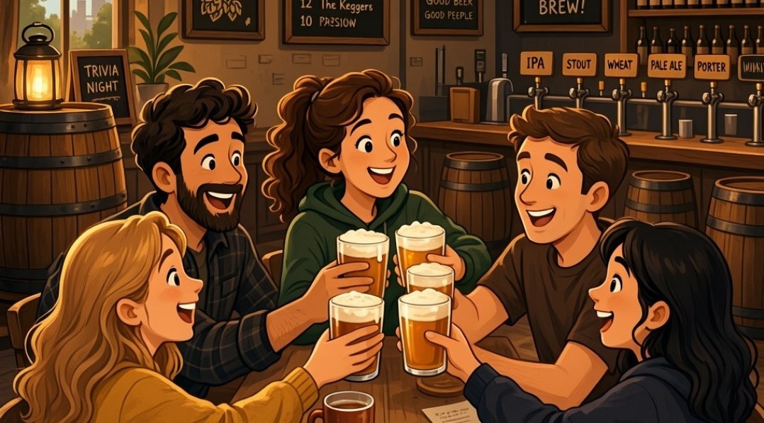Marketing In The Craft Beer Industry 6 A group of friends raising beer glasses in a toast at a taproom trivia night