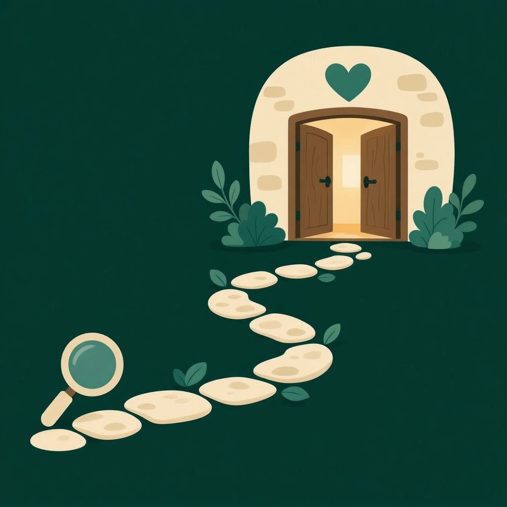 Illustration of a path from a magnifying glass to a welcoming door, representing the customer journey from discovery to loyalty
