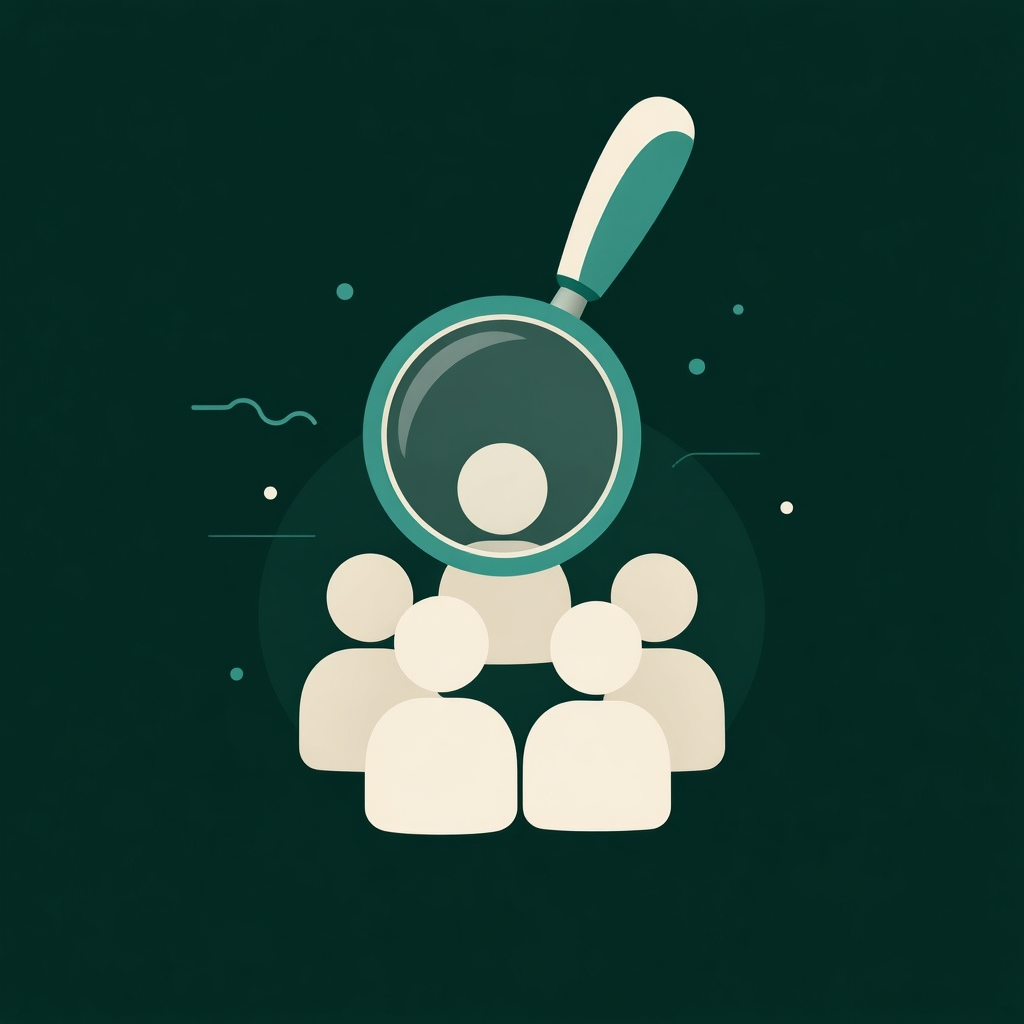 Flat vector illustration of a magnifying glass over a cluster of person icons, representing audience targeting.
