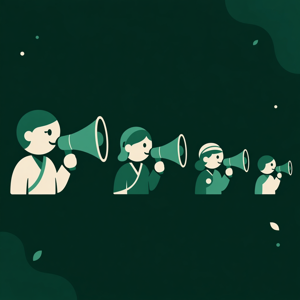 Flat vector illustration of four person-with-megaphone icons in decreasing size, representing mega, macro, micro, and nano influencer tiers.