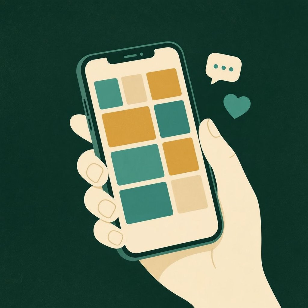 Hand holding a smartphone with a photo-grid social app interface and floating like and comment icons