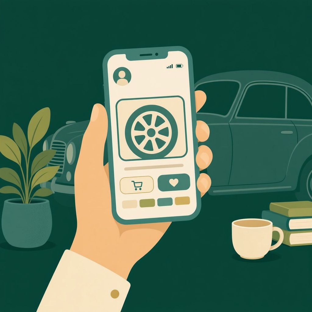 Illustration of a hand holding a smartphone showing a car parts website layout with a vintage car silhouette