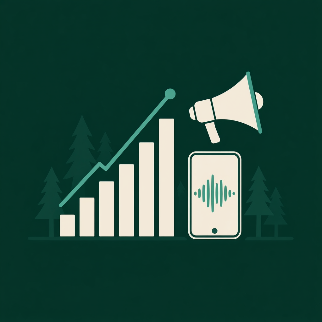 How to Begin a Podcast in Canada 1 Flat vector illustration of an upward chart, a megaphone, and a phone with sound waves, representing growth in podcast advertising.