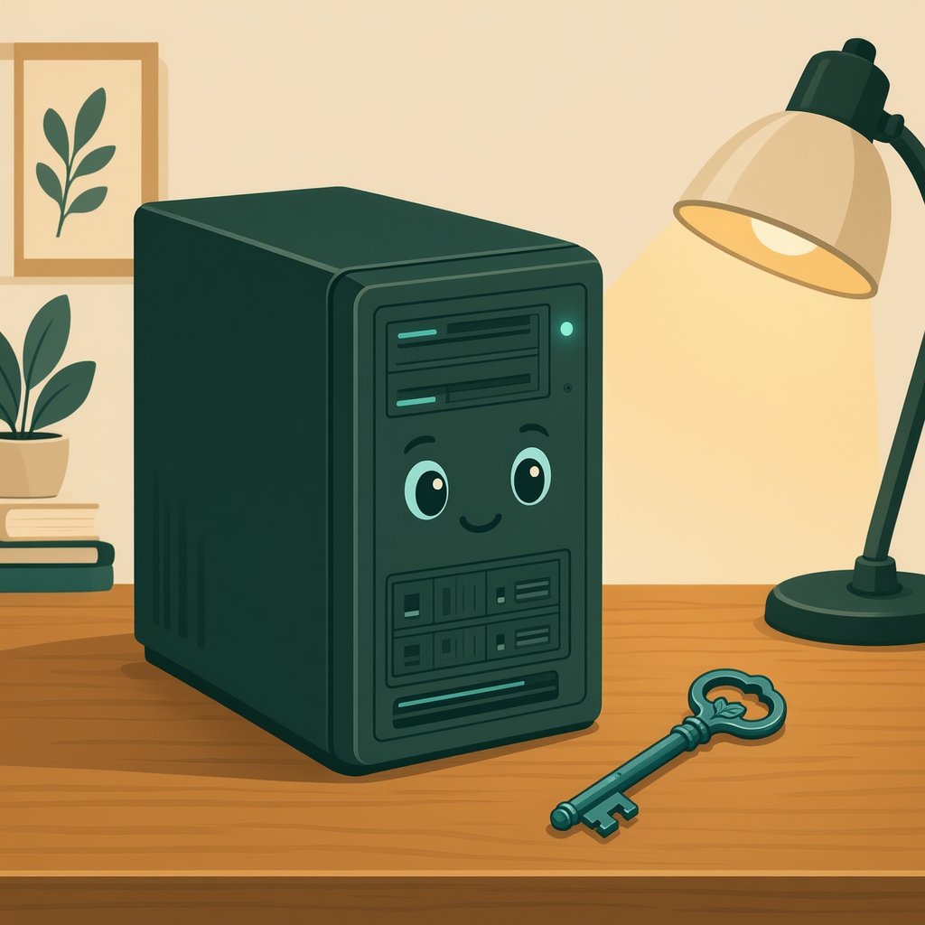 Illustration of a small server on a desk beside a key, representing owning your automation stack with self-hosted n8n