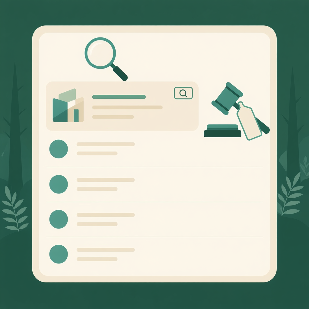 Flat vector illustration of a magnifying glass over a highlighted ad listing with an auction gavel, representing SEM paid search bidding.