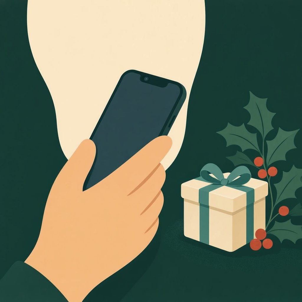 Illustration of a hand holding a smartphone to speak to a voice assistant, with a gift box and holly sprig nearby