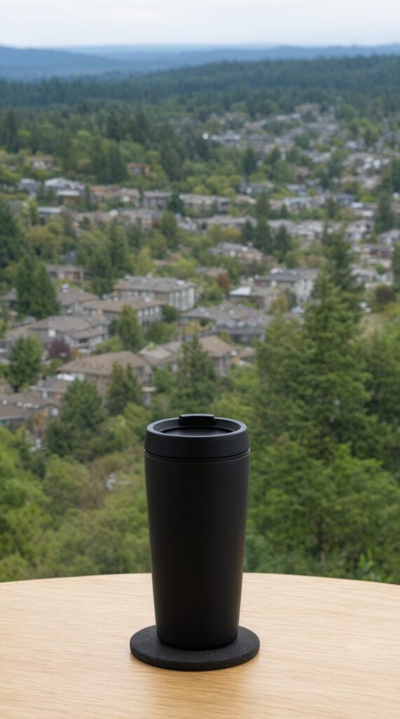 Matte black travel mug on a table in front of a softly blurred Coquitlam hillside and evergreen backdrop