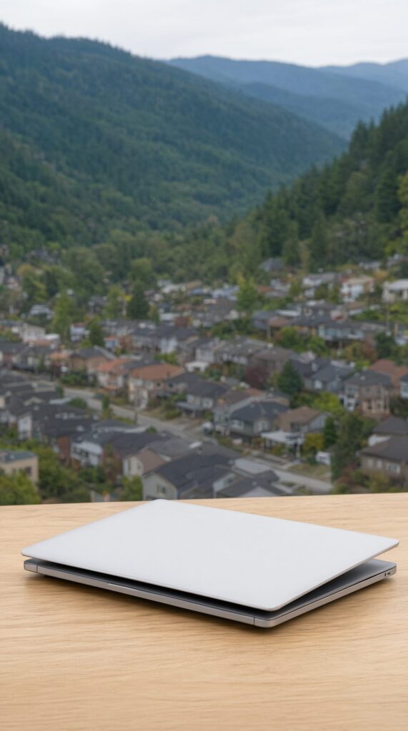 Laptop and phone on a desk in front of a softly blurred Coquitlam hillside and mountain backdrop