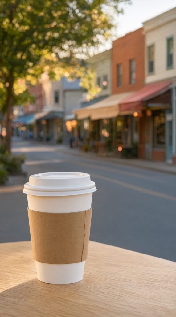 Takeaway coffee cup on a table in front of a softly blurred Langley main street and street tree backdrop