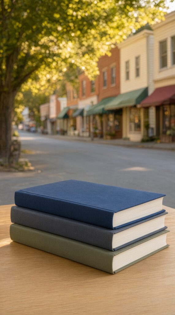 Stack of books on a table in front of a softly blurred Langley main street and maple tree backdrop
